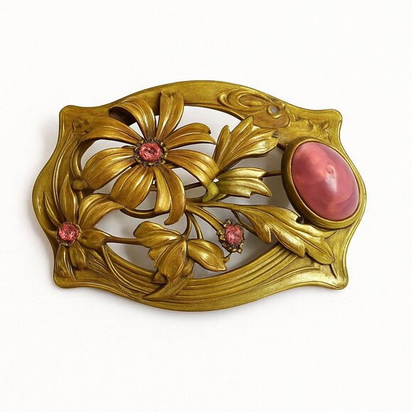 Antique Art Nouveau Floral Brooch with Pink Cabochon & Rhinestones - Picture 1 of 6